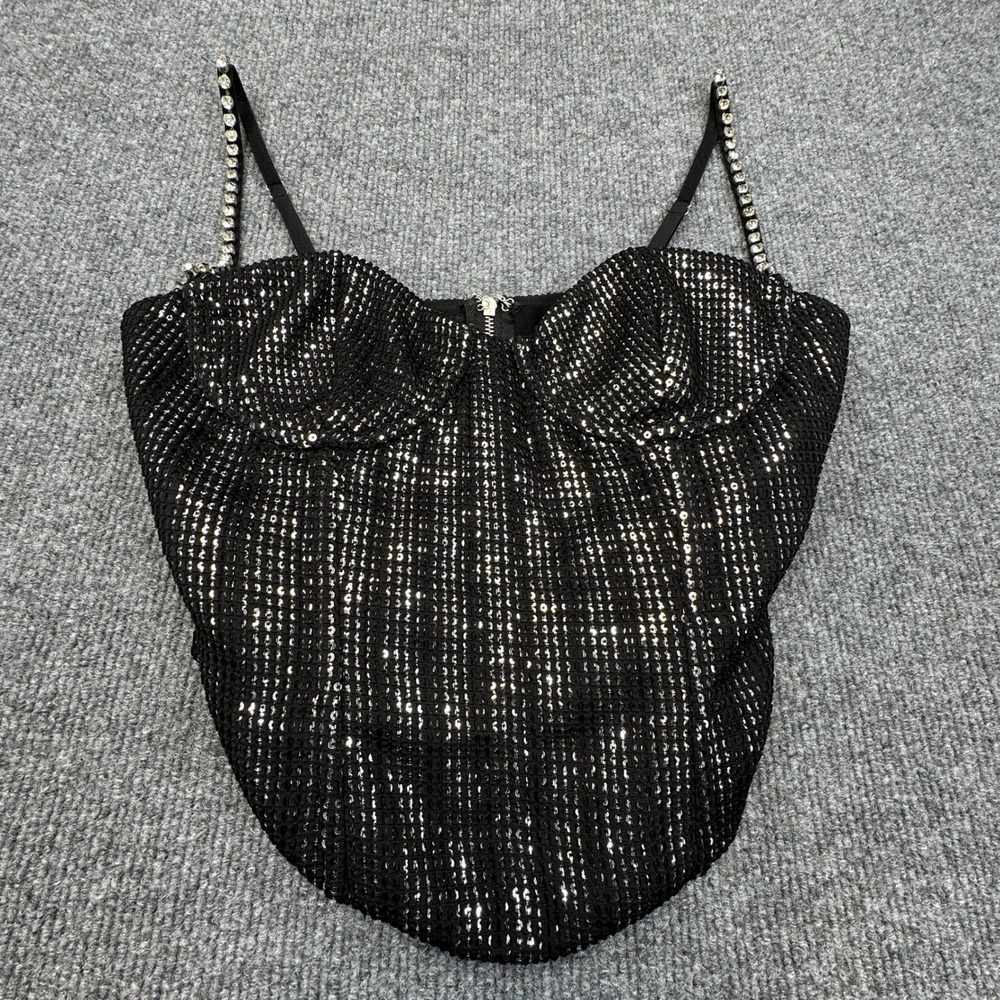 White Fox Bustier Corset Top Womens S Black Silver Sequin Rhinestone Party Glam